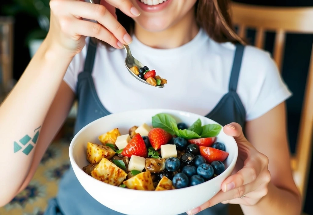 Eine Frau, die eine Schüssel mit leckerem, pflanzlichem Frühstück isst, um die Vorteile einer veganen Ernährung zu zeigen.