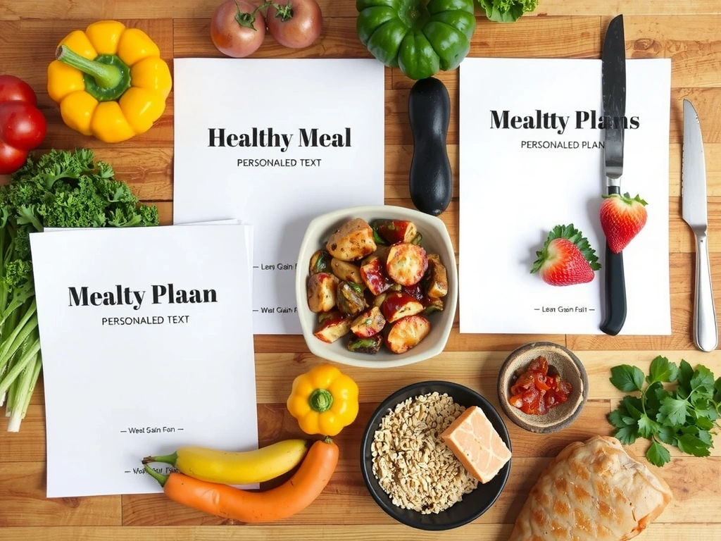 Verschiedene Ernährungspläne auf einem Tisch mit frischen Zutaten