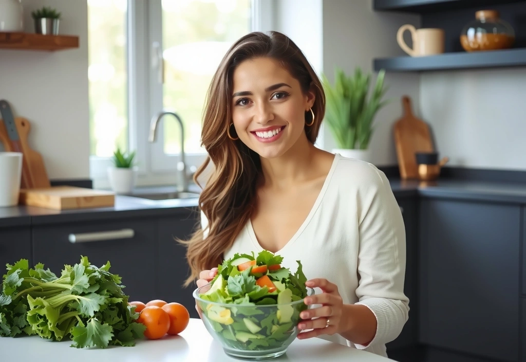 Glückliche Frau, die eine gesunde Mahlzeit zubereitet