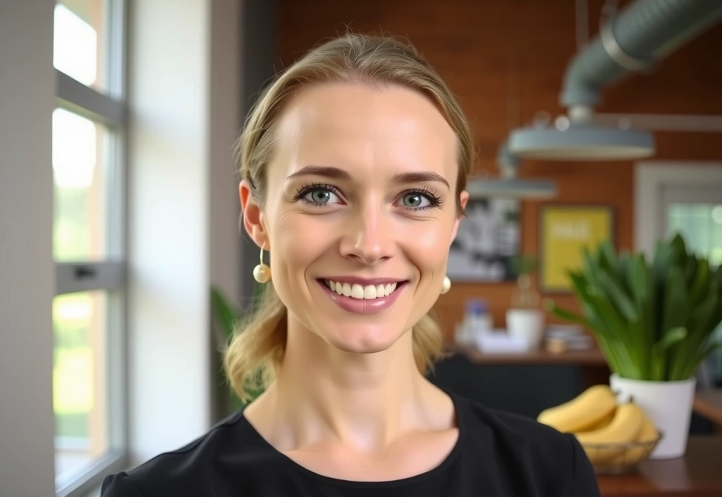 Dr. Sarah Müller, Ernährungsberaterin von NutriLife Balance, lächelt freundlich in ihrer Praxis.